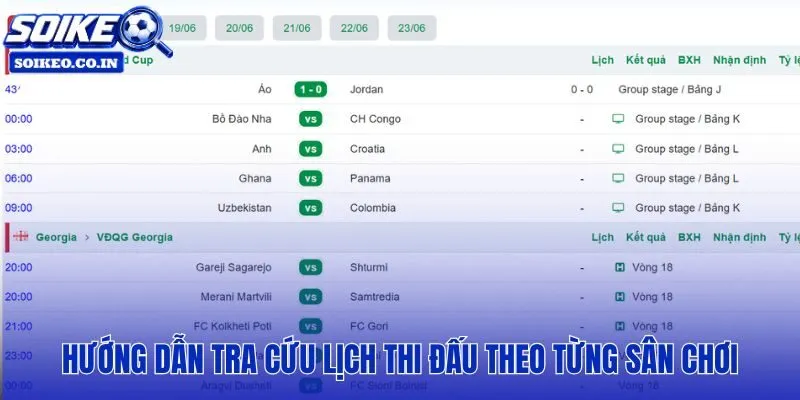 Thao tác tra cứu lịch thi đấu nhanh theo cấp độ và múi giờ Việt Nam